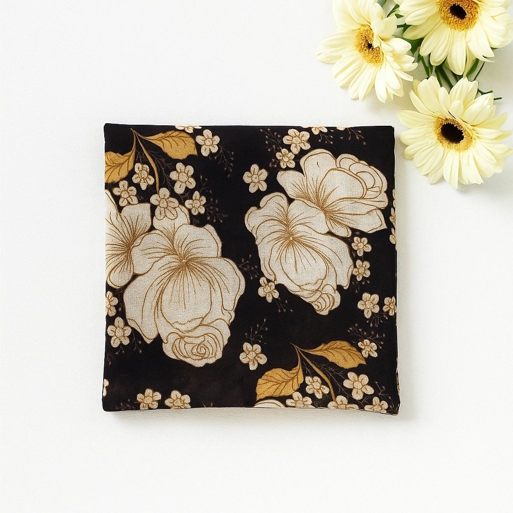 Kain Sifon Motif Bunga Hitam Gold – Bahan Jahit Gamis, Dress, Blouse, Hijab, Outer Premium