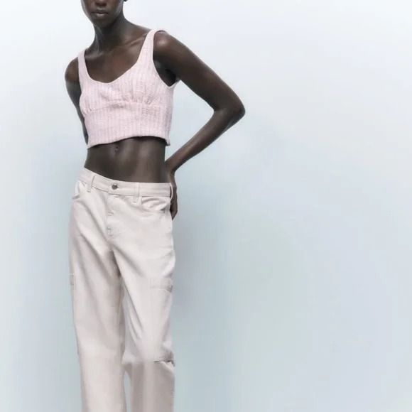 Zara Pastel Pink White Tweed Textured Corset Crop Top
