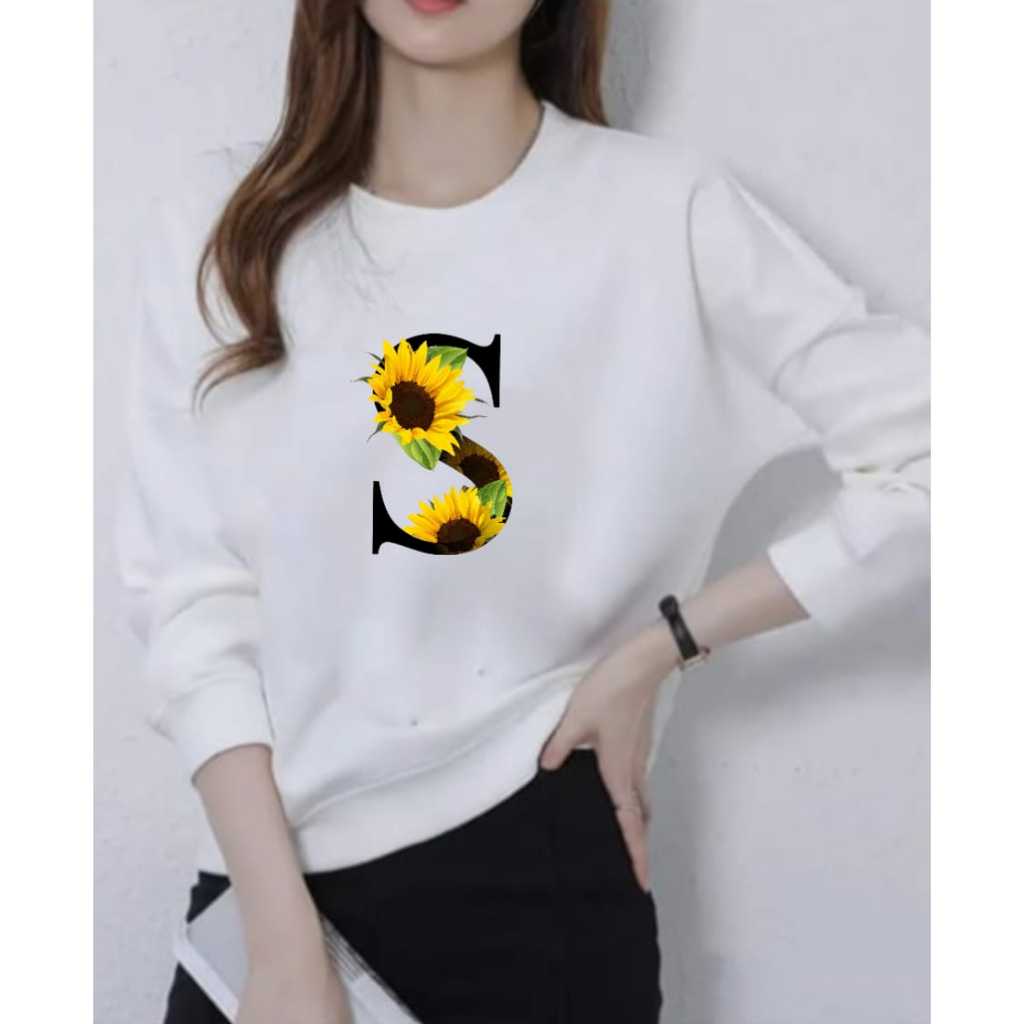 Kaos Atasan Wanita Dewasa Lengan Panjang Motif S Bunga Matahari Kaos Long Sleeve Crewneck Wanita Cet