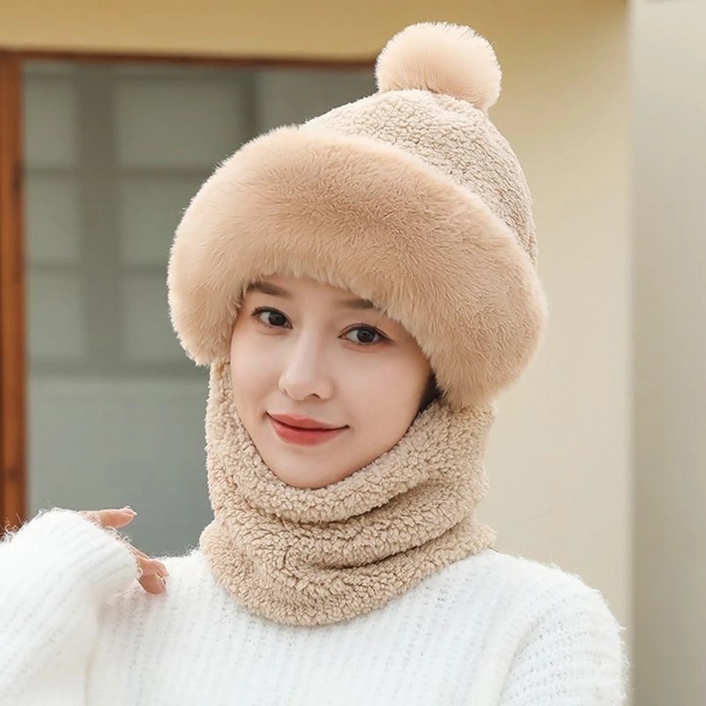 Premium Topi Kupluk Syal Pompom Musim Dingin, Topi Set Winter Wanita Bulu Pom Fashion Korea