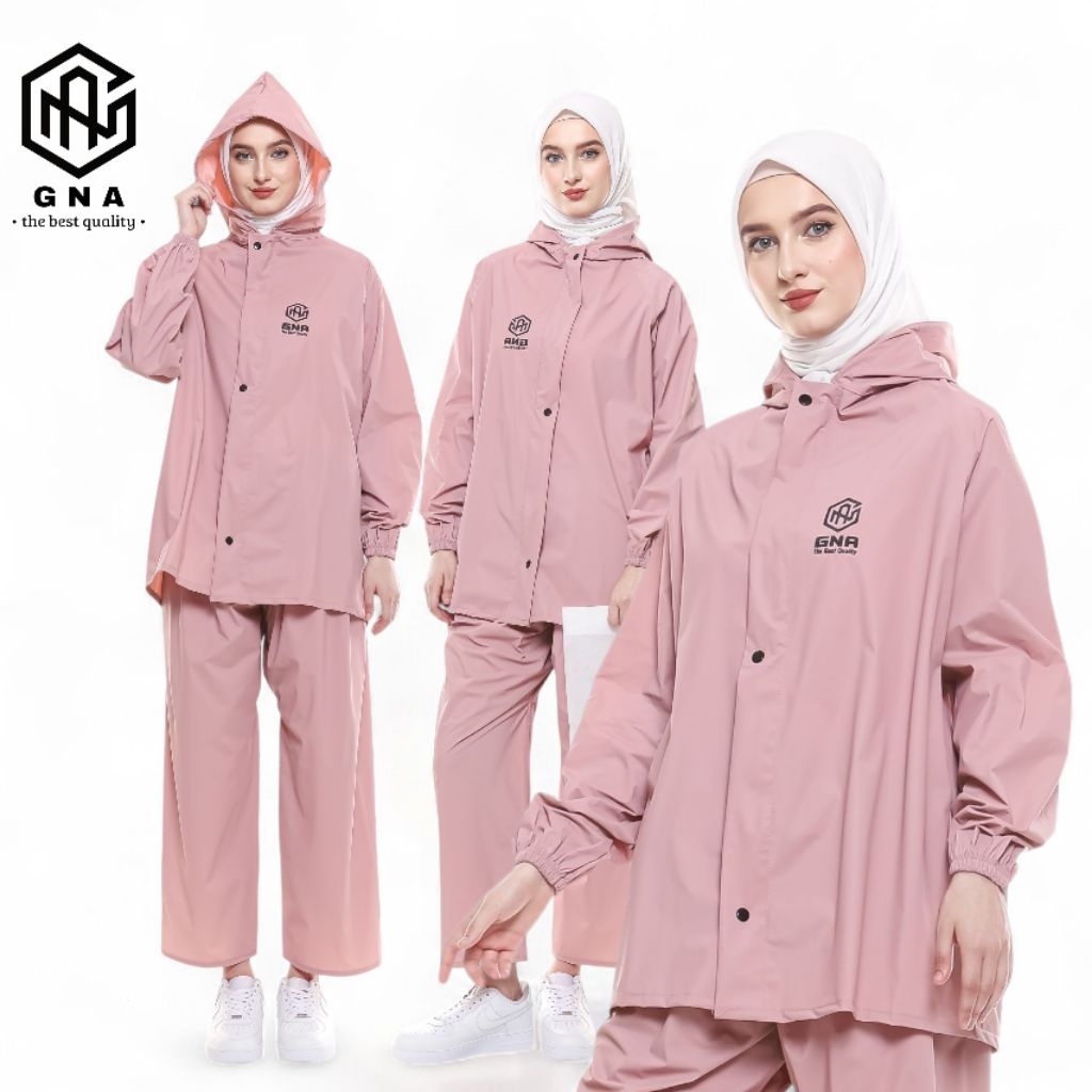 GNA Jas hujan Dusty Pink seris warna nude Wanita tebal Premium