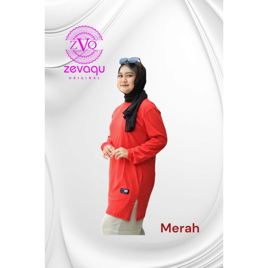 ATASAN WANITA Tunik Kaos Polos Zevaqu Lengan Panjang Karet Kerut Belah Samping Katun Kombed 24s Warn