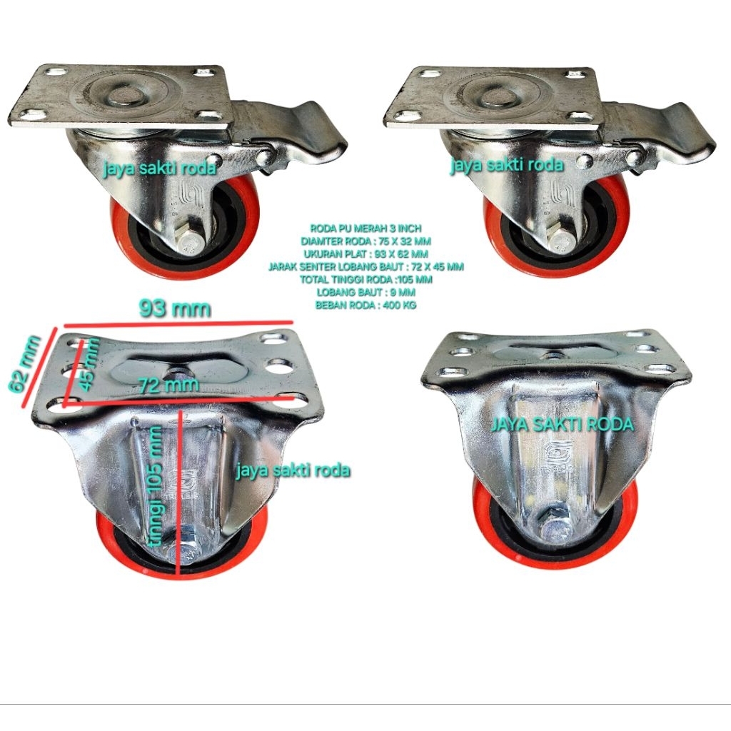 Roda pu merah 3 inch 2hidup+rem 2mati beban roda 400 kg ball bearing