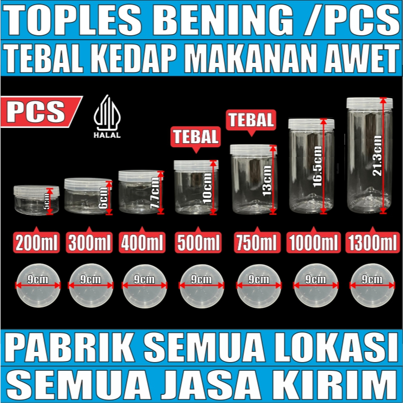 Toples Tebal 60gr 200ml 300ml 400ml 500ml 750ml 1000ml 1300ml Plastik Seal Jar Silinder Bening JSP
