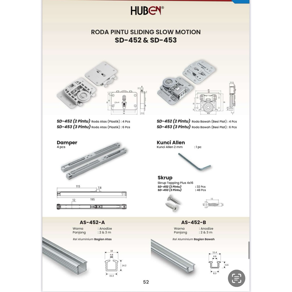 HUBEN RODA REL PINTU LEMARI SLIDING GESER SLOWMOTION HUBEN SD-452 -2PINTU /2METER