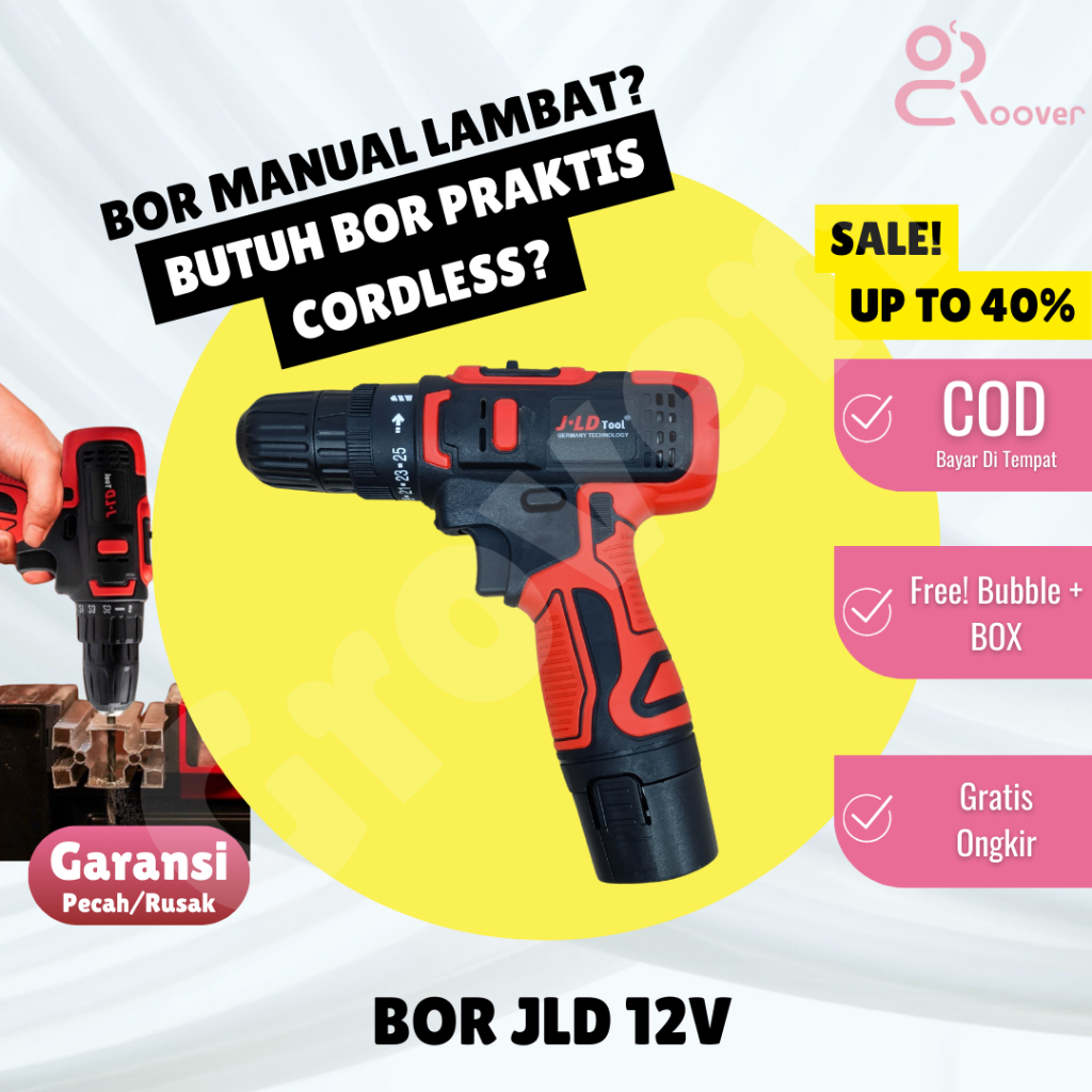 Mesin Bor Obeng Tangan Portable USB Rechargeable Cordless JLD Drill Screwdriver 12V Volt Elektrik Se