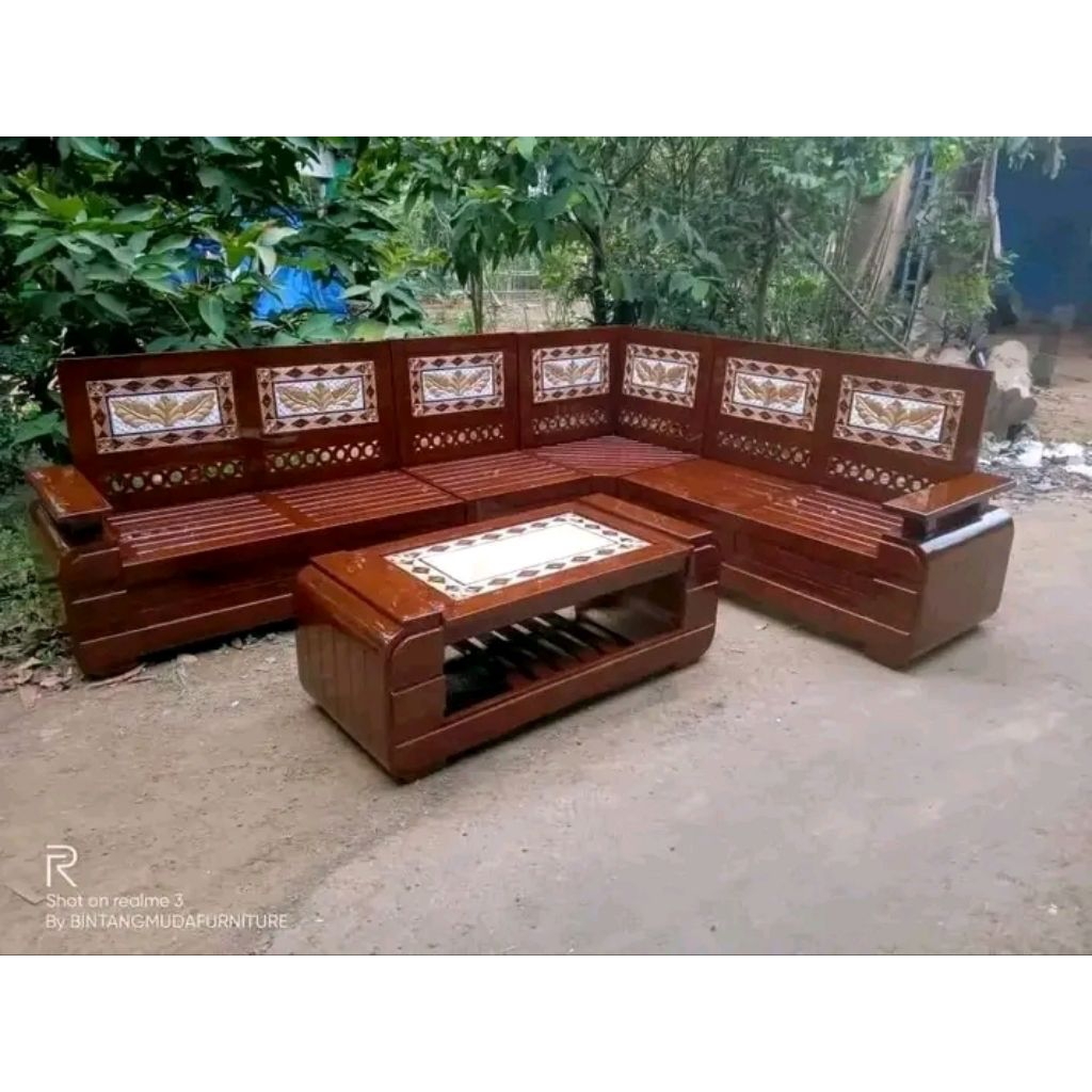 kursi tamu minimalis sudut L kayu jati