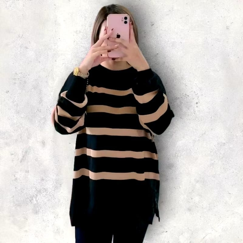 Maudy Sweater Rajut Premium Oversize Rajut Garis Garis Knit Korean Style Cardigan