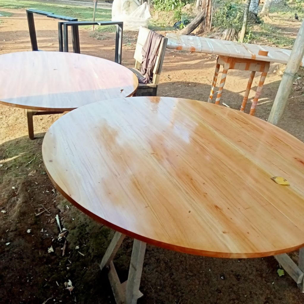 Top Table Bulat Bundar Kayu Mahoni
