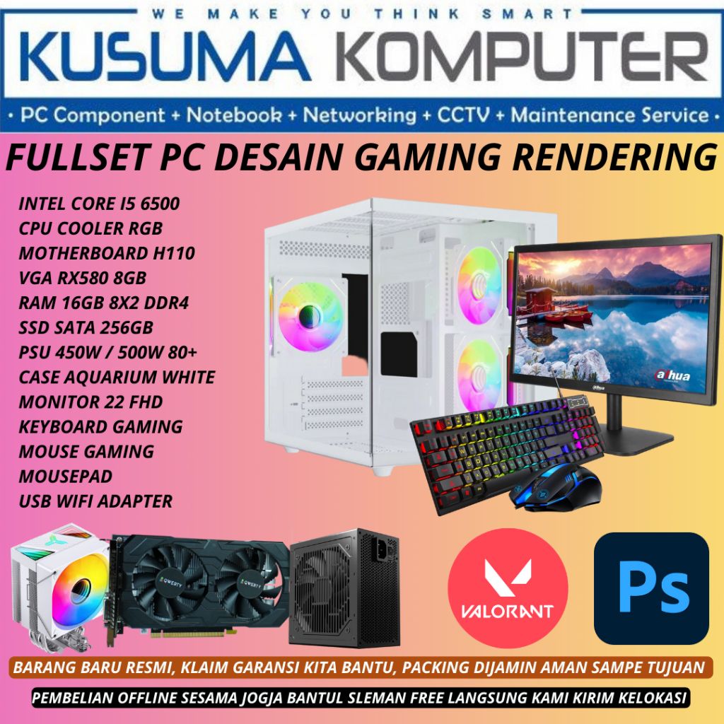 Fullset PC Gaming Desain Rendering intel core i5 6500 VGA RX580 Monitor 22" FHD