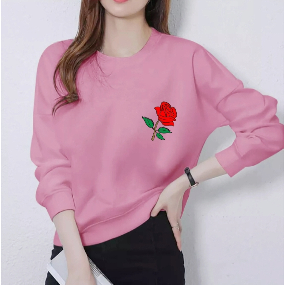 Kaos Atasan Lengan Panjang Wanita Dewasa Motif Mawar Wanita Trendy Kekinian Kaos Long Sleeve Crewnec