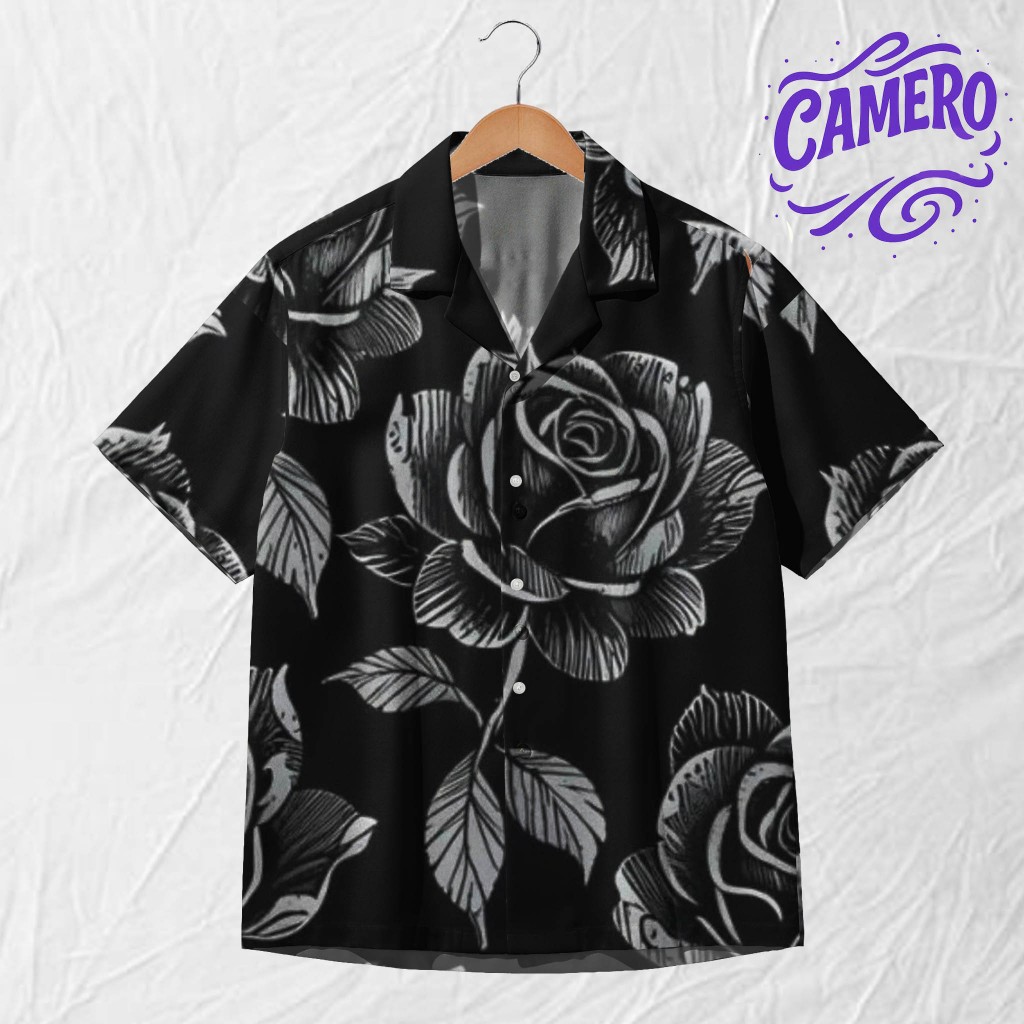 CAMERO Kemeja Pria Motif Bunga Mawar – Kemeja Hitam Monokrom – Desain Floral Elegan | Bahan Adem Pre