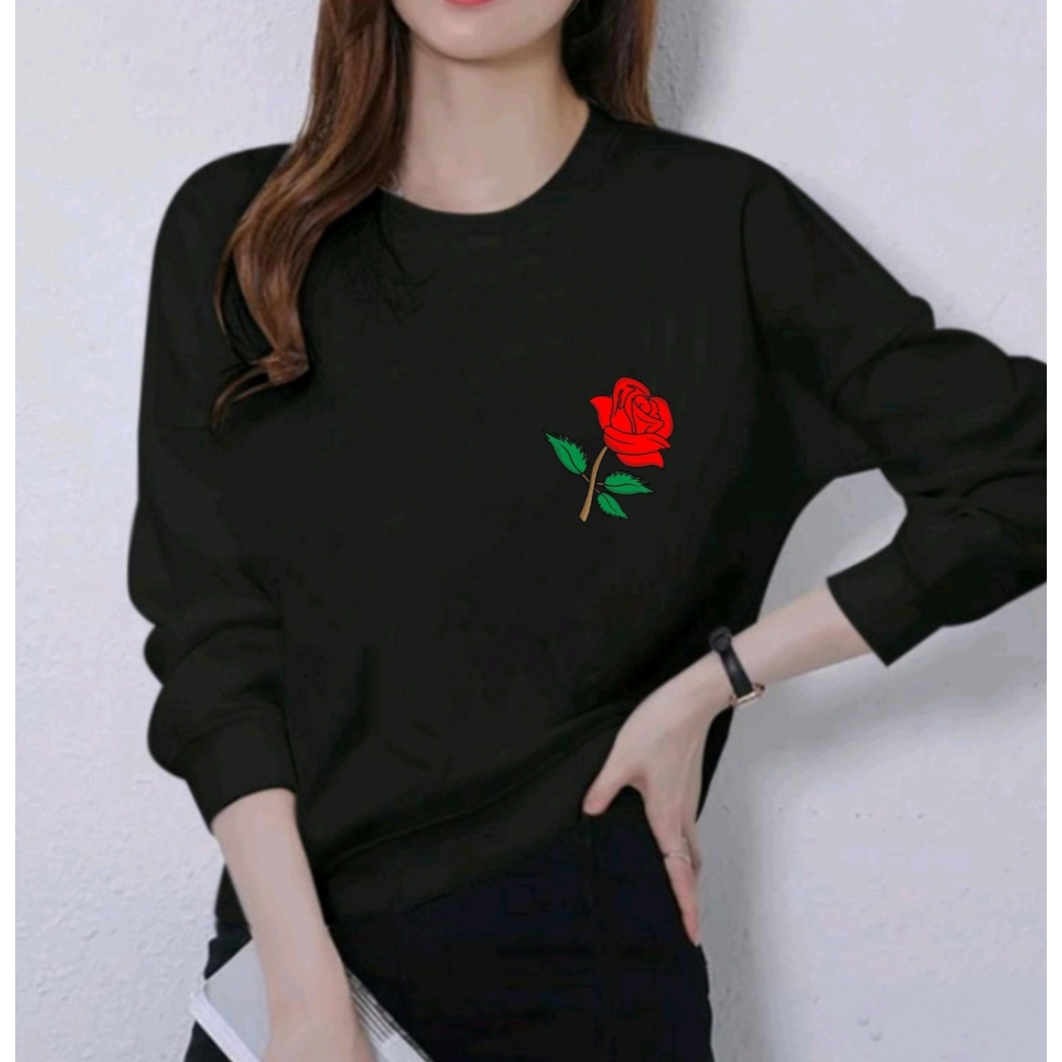 Kaos Atasan Lengan Panjang Wanita Dewasa Motif Mawar Wanita Trendy Kekinian Kaos Long Sleeve Crewnec