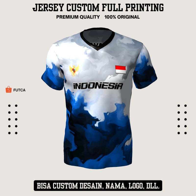 Kaos Jersey Futsal Putih Biru Motif Abstrak 58 - Jersey Baju Olahraga Full Printing