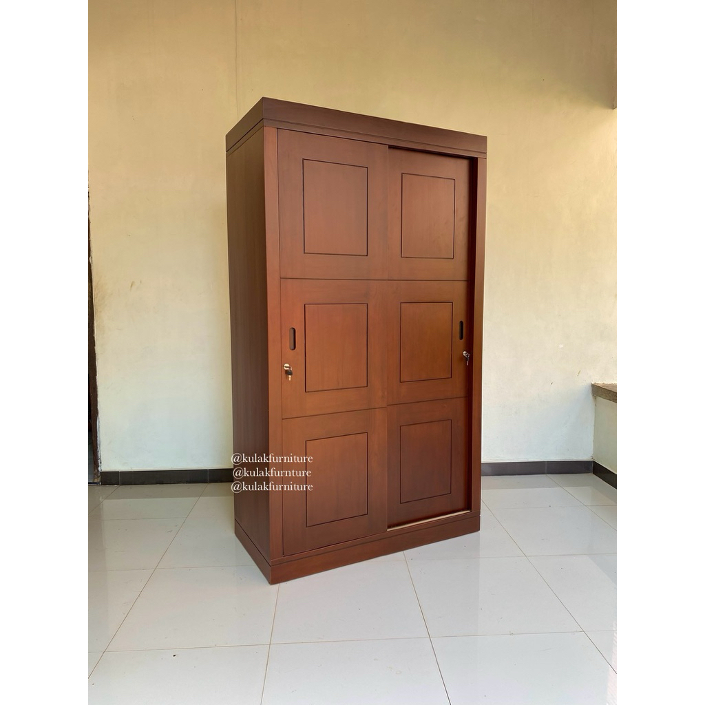 lemari pakaian minimalis modern 2 pintu geser kayu jati