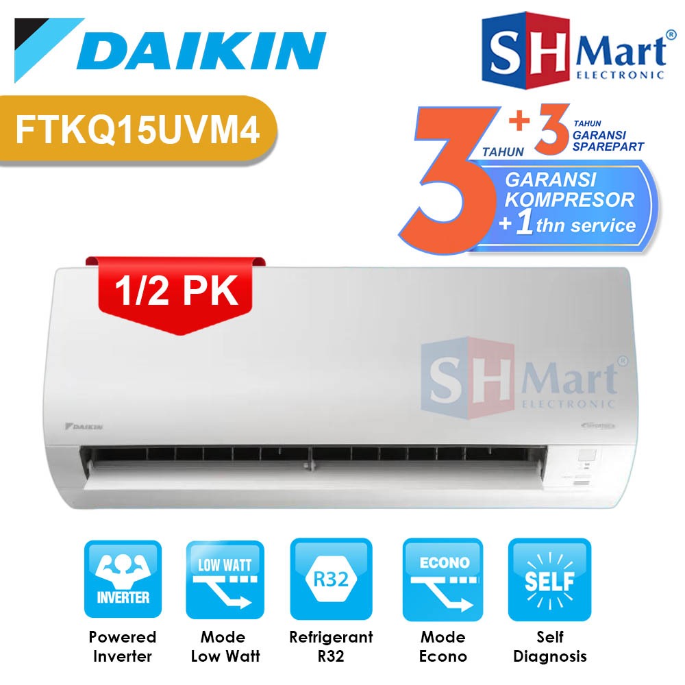 Ac Daikin 1/2 Pk Flash Inverter FTKQ-15UVM4 / FTKQ15UVM4 Made In Thailand Garansi Resmi (MEDAN)