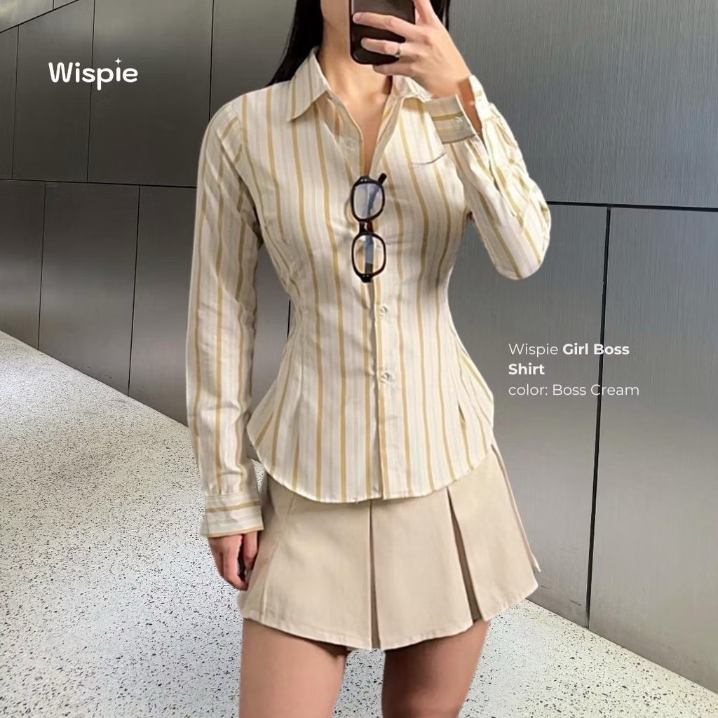 Wispie Girl Boss Fitted Shirt | Kemeja Kerja Wanita Fit Garis Stripe Karet lembut Pink Hijau Biru
