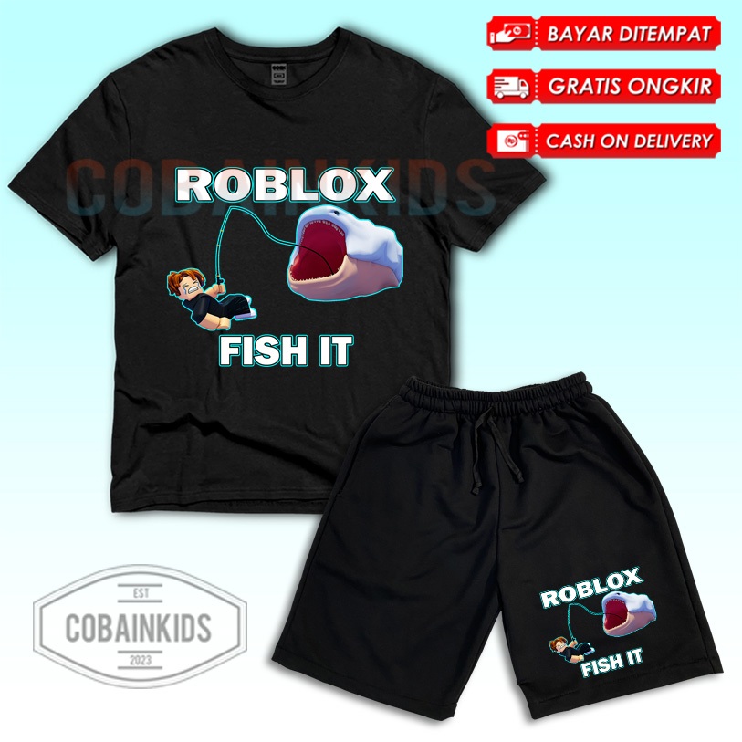 (BISA COD) Setelan Anak Kaos Celana Pendek Anak Karakter ROBLOX FISH IT Free Nama / Set Kaos Celana 