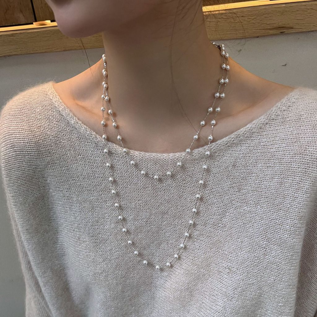 Kalung Yvanna Double Layer Mutiara Imitasi Silver Putih Panjang Elegan Wanita