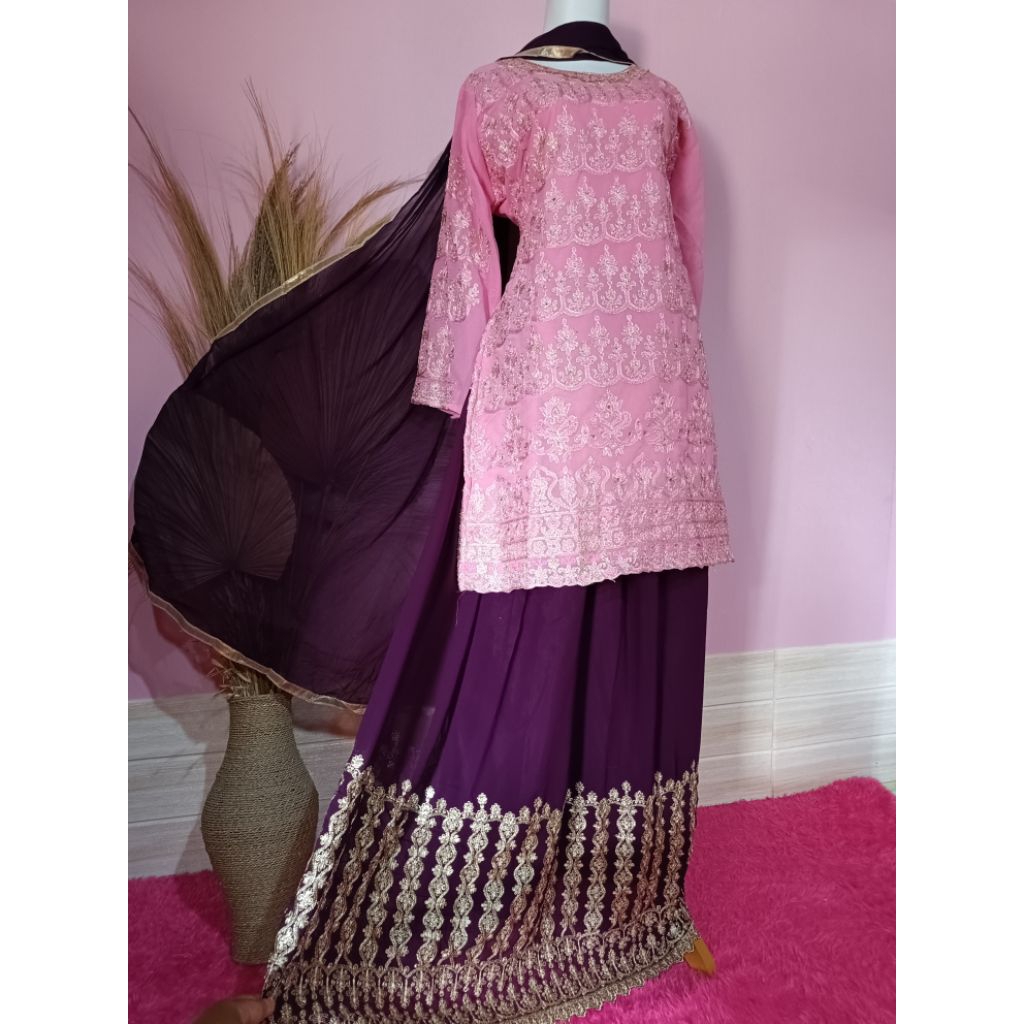 BAJU INDIA/ SET ROK SHIFON BORDIR/ PINK UNGU BARU NO PL