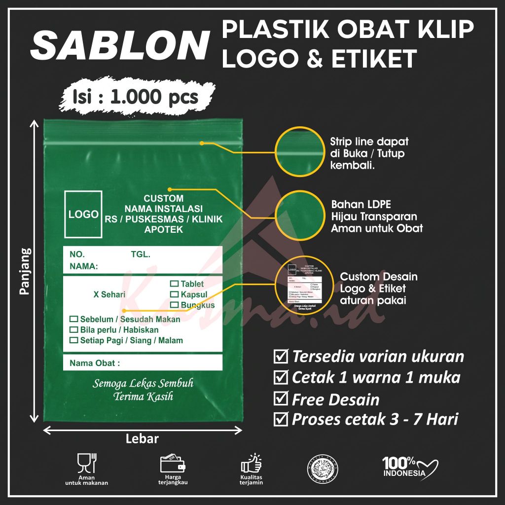 Sablon Plastik Klip Obat Hijau (Isi 1.000 pcs)