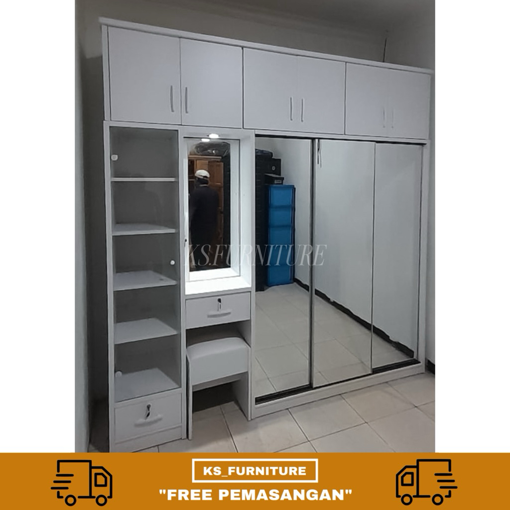 LEMARI SLIDING SERBAGUNA + MEJA RIAS + LEMARI TAS