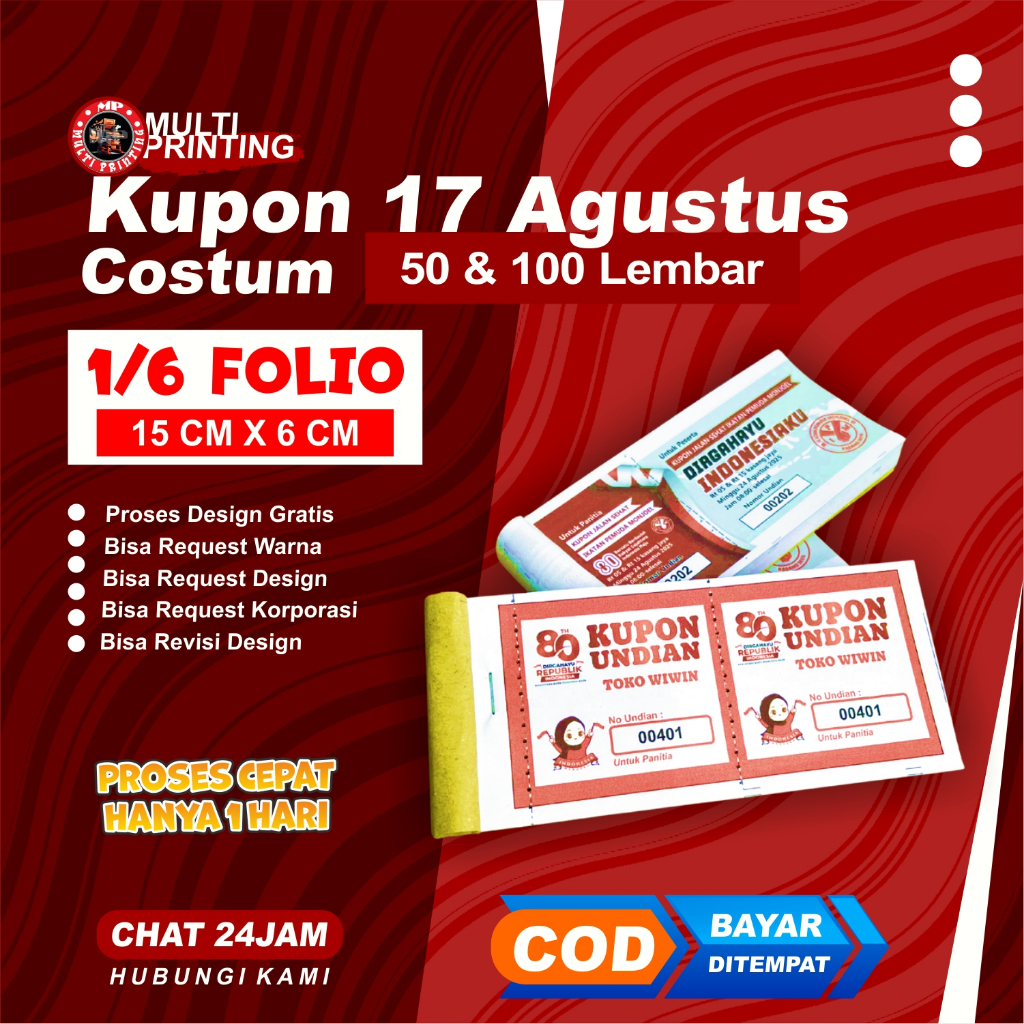 KUPON 17 AGUSTUS CUSTOM 1/6 JALAN SANTAI DOORPRIZE GRATIS DESAIN ISI 100 LEMBAR