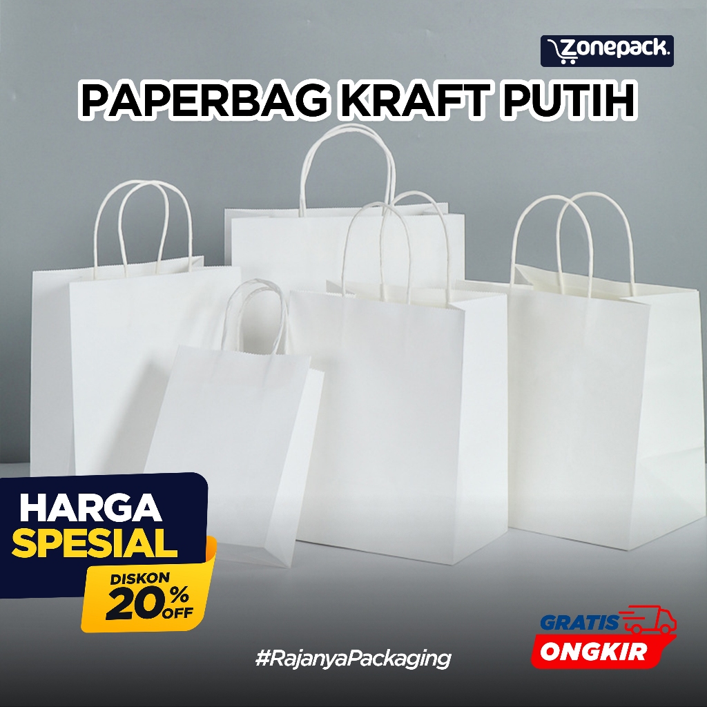 Paperbag Kraft Polos Warna Putih | Paperbag Gift | Paperbag Shopping Bag | Tas Kertas Polos Kraft Wa