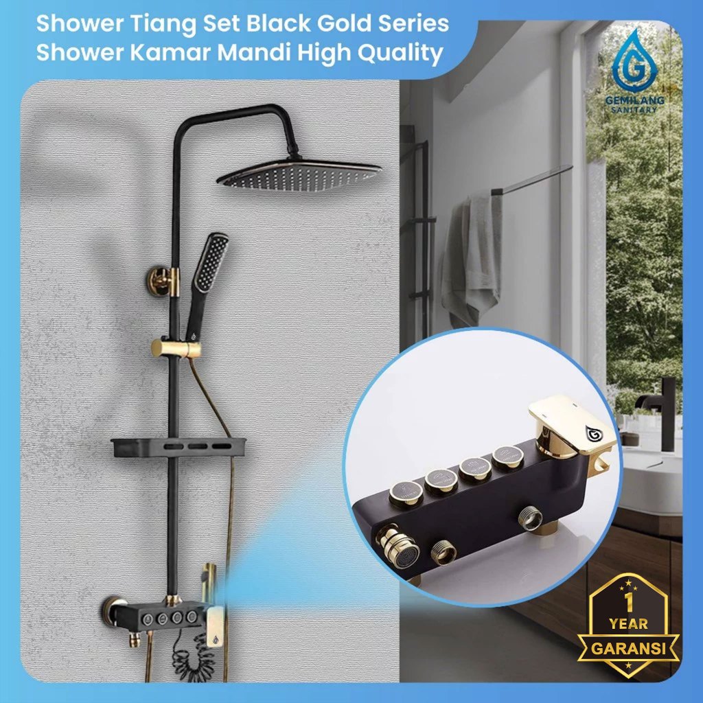 Paket Rain shower panas dingin model tombol premium high Quality black & gold series + tempat sabun