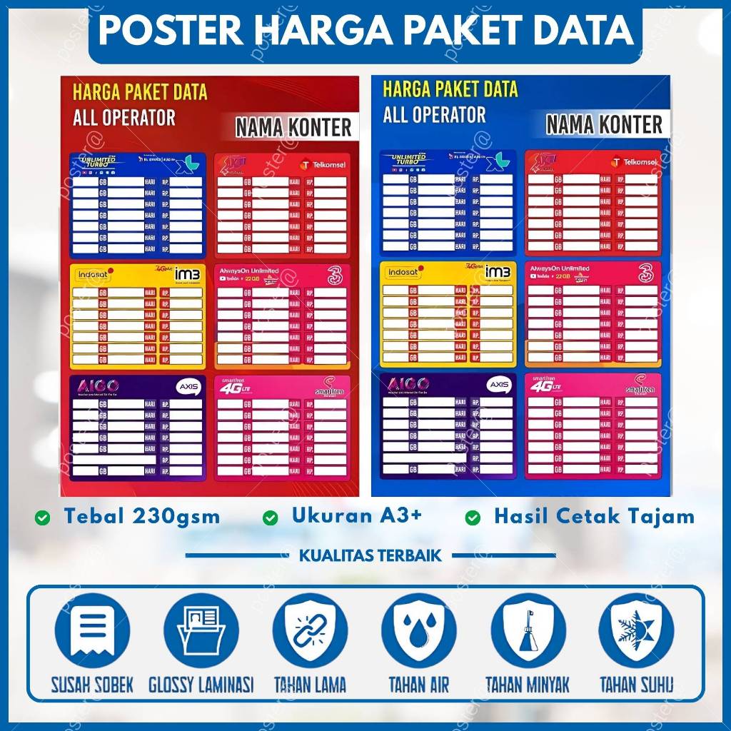 Poster Display Harga Kuota Internet All Operator Untuk Konter Pulsa dan Agen Data