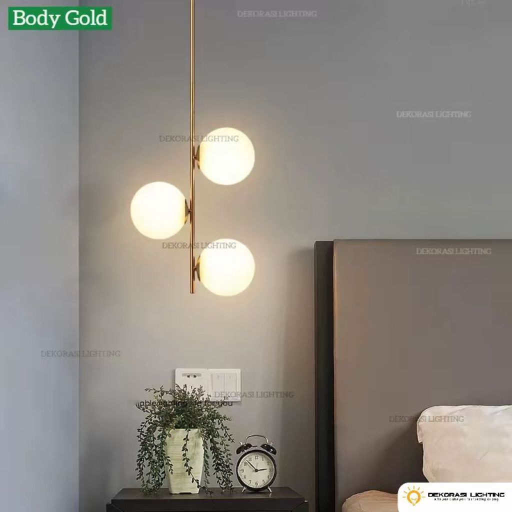 Lampu gantung gold kaca hias susu modern ruang tamu 3 lampu