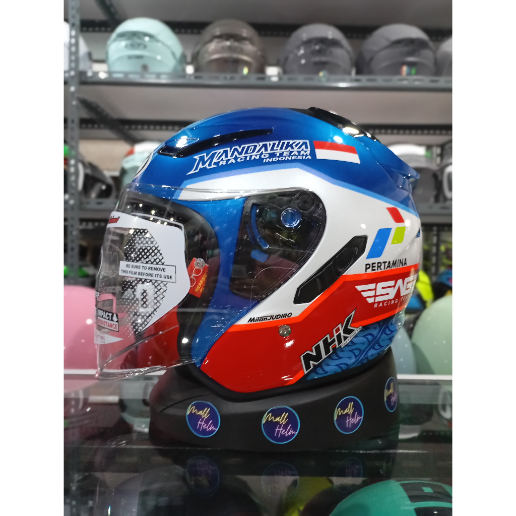 HELM HALFFACE NHK R1 DOUBLE VISOR MOTIF CIRCUIT MANDALIKA BISA COD