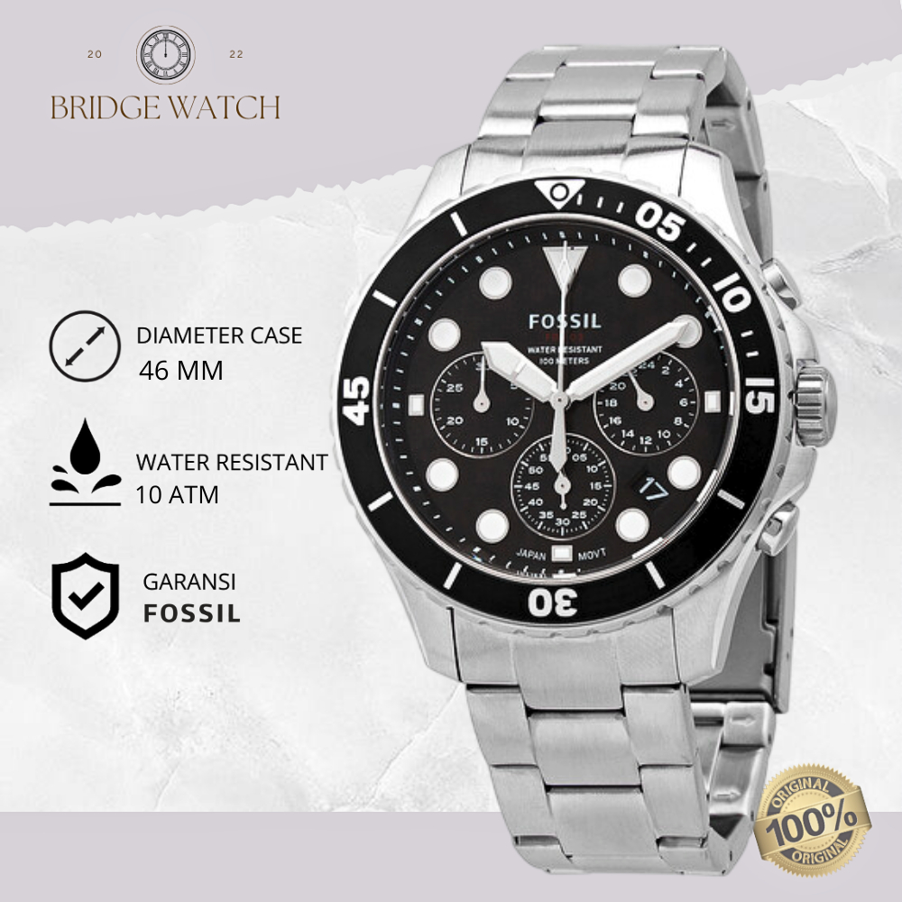 Jam Tangan Fossil Pria FS5725 FB-03 Black Dial Chronograph Silver Stainless Steel Strap Rantai Mewah