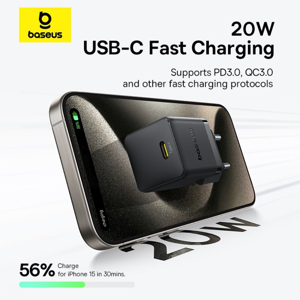 Baseus Kepala Charger 20W Palm Mini Bundling Kabel C to Lightning iPhone