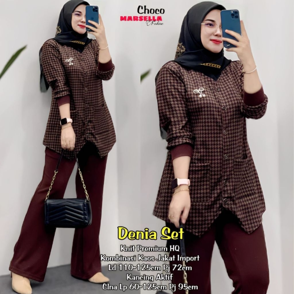 Marsella - Denia Set Celana Wanita • Knit Premium Mix Kaos Jacket Import Kancing Aktif