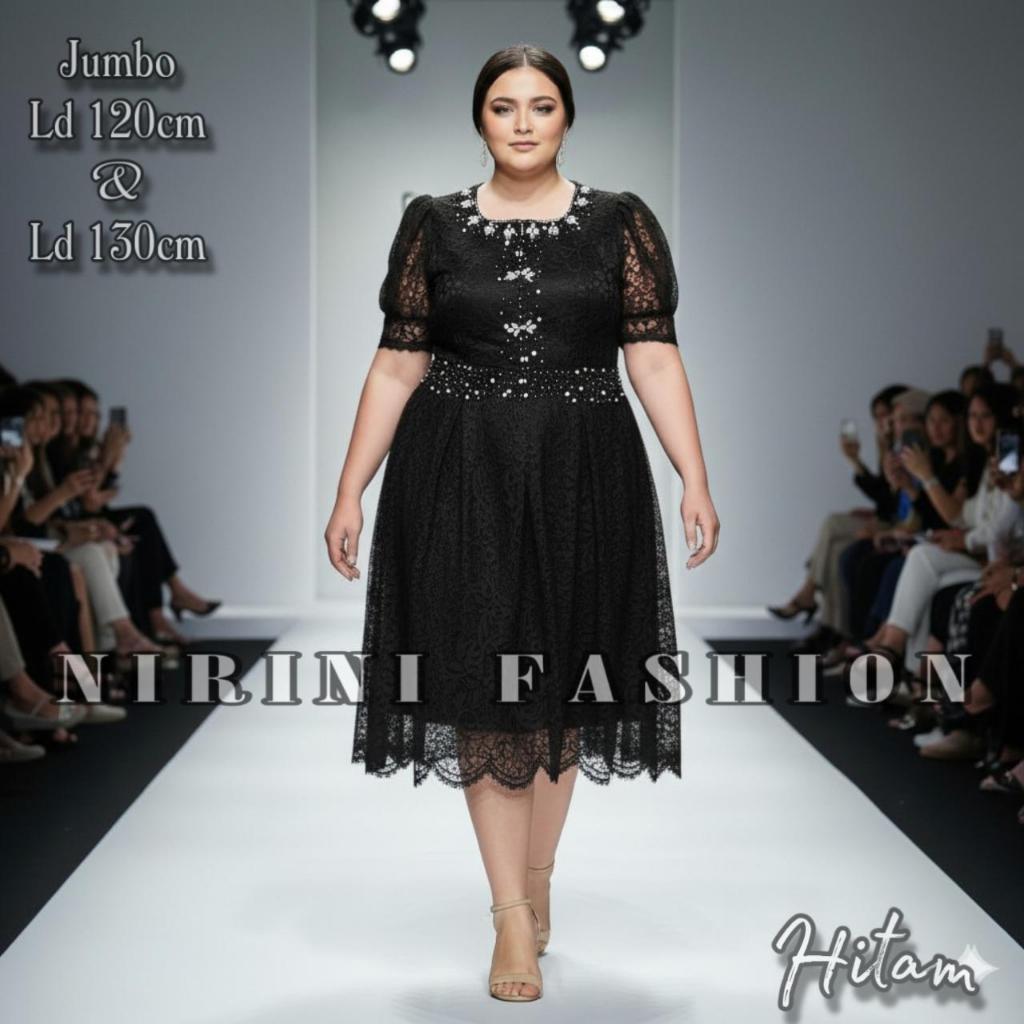 (REALPICT) DRESS PESTA JUMBO LD BESAR Gisella Midi Dres Brokat Payet Mewah Full Furing XXL,XXXL 120-