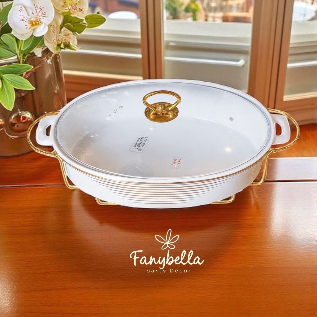 Prasmanan Oval mangkok Soup Putih Garis Gold Keramik Dapur Mewah Lebaran dekorasi rumah/FANYBELLA