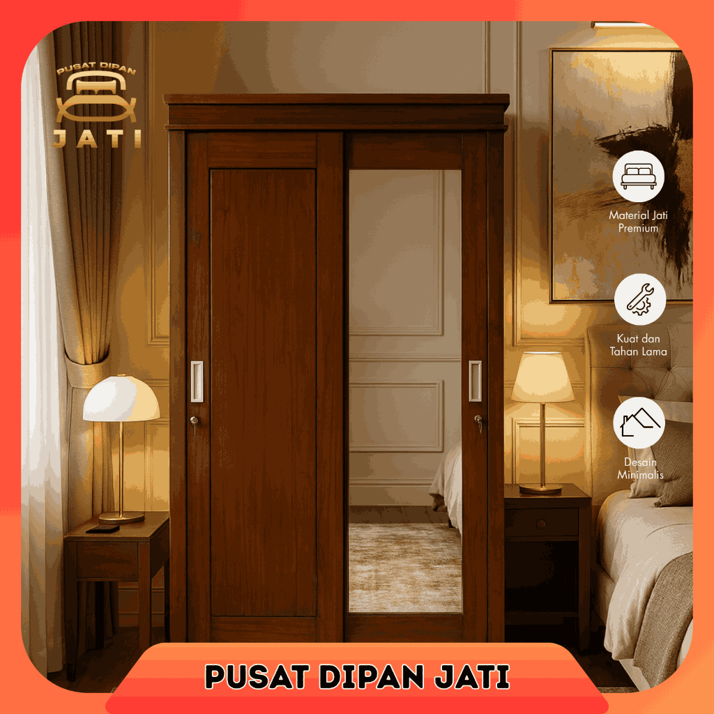 Lemari Kaca 2 Pintu Sleding Lemari Jati Pakaian Minimalist Almari Baju Pintu Geser Sliding Jati