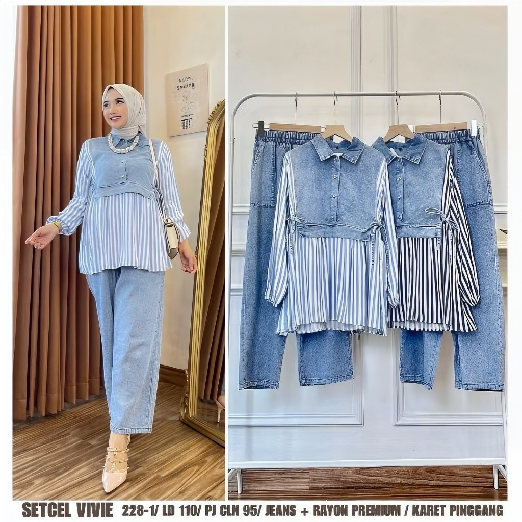 Vivie One Set Jeans Jumbo Setelan Celana Top Atasan Jins Kombinasi Salur Kekinian Wanita Fashion Mus