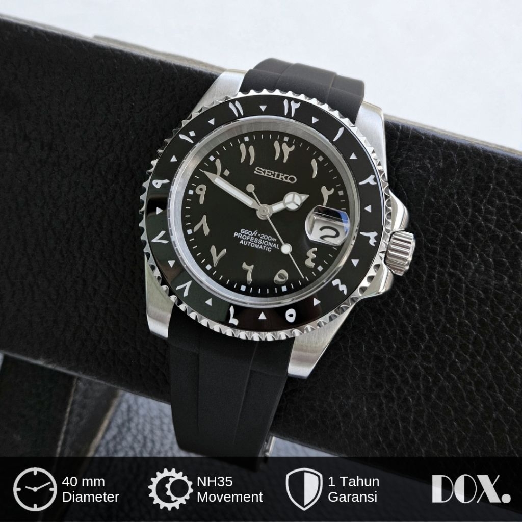 Jam Tangan Seiko Arabic Submariner NH35 Automatic Seikomod Strap Rubber Kaca Sapphire