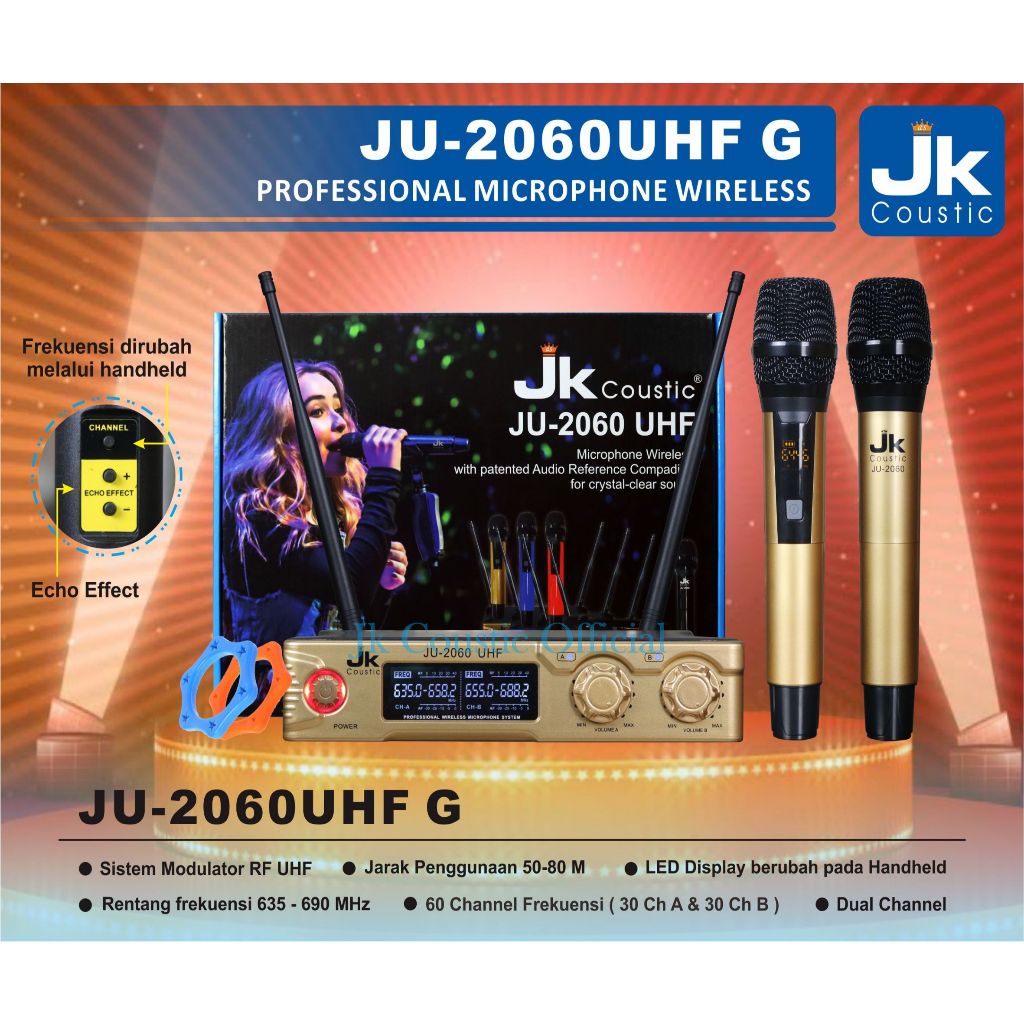 Microphone Wireless JU 2060 JK Coustic Mic Wireless JU 2060 UHF Gold