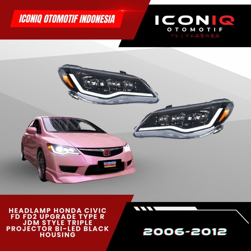 HEADLAMP HONDA CIVIC FD FD2 (2006-2012) UPGRADE TYPE R JDM STYLE TRIPLE PROJECTOR BI-LED BLACK HOUSI