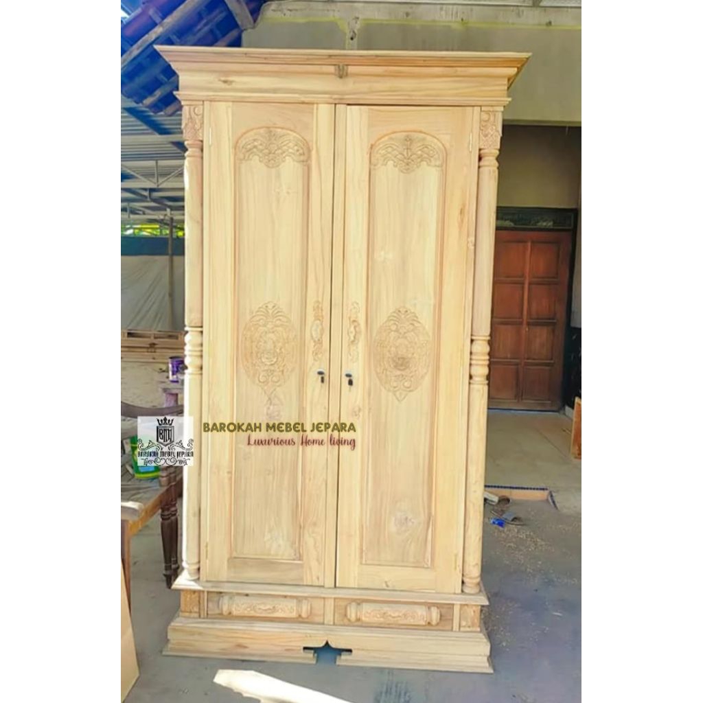 lemari pakaian pintu 2 full jati unfinished mentahan