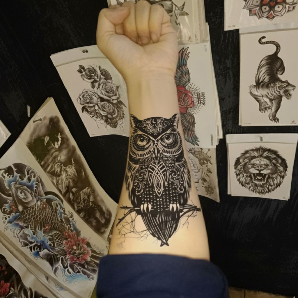 tato temporer burung hantu owl black tahan air