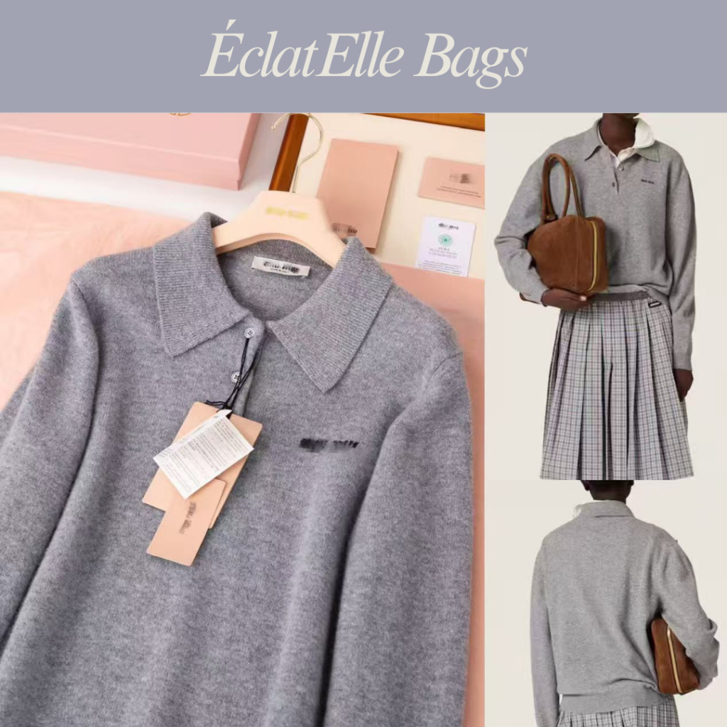 Preorder – Atasan Rajut Wanita Polo Kerah Setengah Lengan Panjang Abu-abu Sweater Polo Rajut Premium