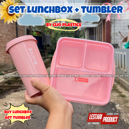 1 SET LUNCHBOX CLIO 3 SEKAT + TUMBLER BUCKS | LUNCHBOX PLASTIK 3 SEKAT | TUMBLER PLASTIK | BOTOL MIN