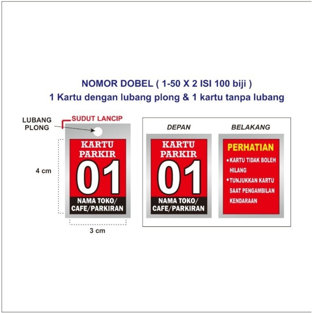 kartu parkir motor atau mobil nomer 1-50 dobel bahan art paper sudah laminating anti air sudut lamin