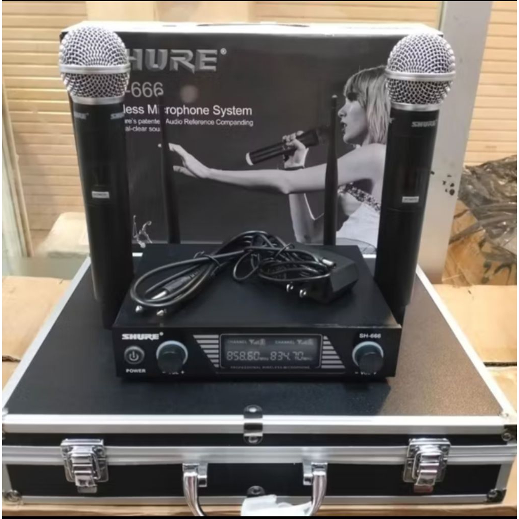 Mikropon Wireless SHURE SH 666  Werles Mikropon Sh-666 Wirles Mikrofon Sh666 Dual Mik Pegang Box Kop