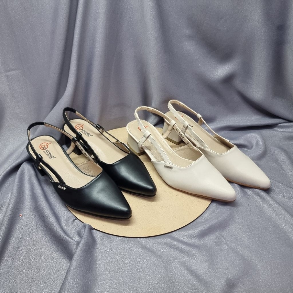 Sandal Heels Wanita Donatello Slingback Pointed Toe – Hitam & Cream Elegan