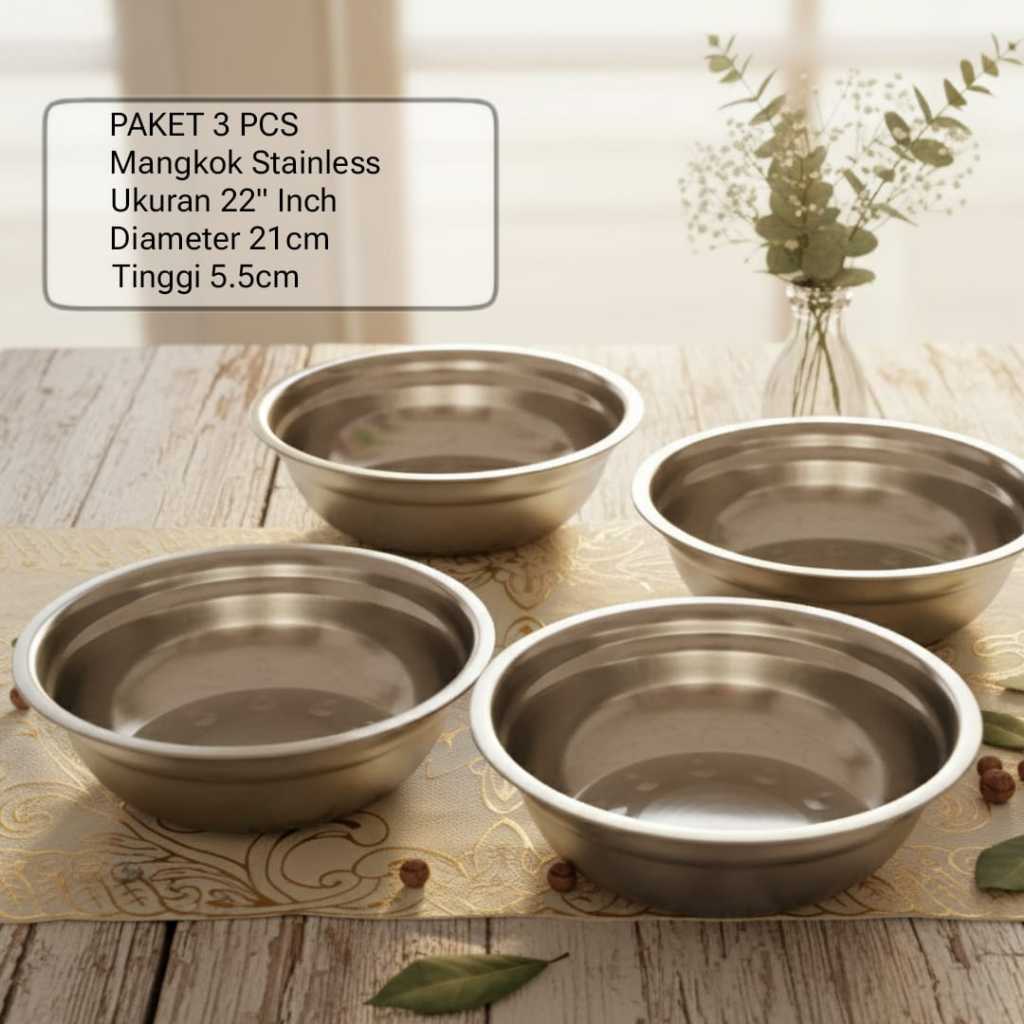 Paket 3 Pcs - Mangkok Stainless Ukuran 22 Baskom Kobokan Stainless TEBAL